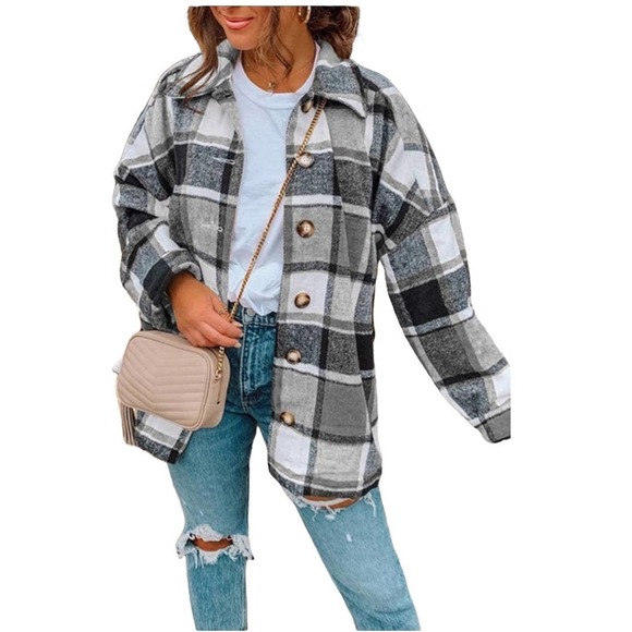 Private Label Jackets & Blazers - Plaid Black & White Flannel Button Up Jacket Woman's Teens New Size Small